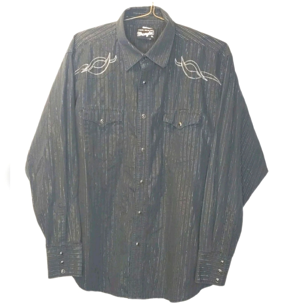 Wrangler Rockabilly Pearl Snap Shirt Men XL Black Metallic Silver Striped Biker